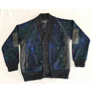 Vintage 90s Saxony Leather & Acrylic Cardigan Sweater Coogi Style Hip Hop Size M